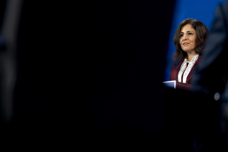 Neera Tanden who President-elect Joe Biden nominated to serve as Director of the Office of Management and Budget, speaks at The Queen theater, Tuesday, Dec. 1, 2020, in Wilmington, Del. President-elect Joe Biden’s Cabinet picks are quickly running into the political reality of a narrowly controlled Senate. (AP Photo/Andrew Harnik)