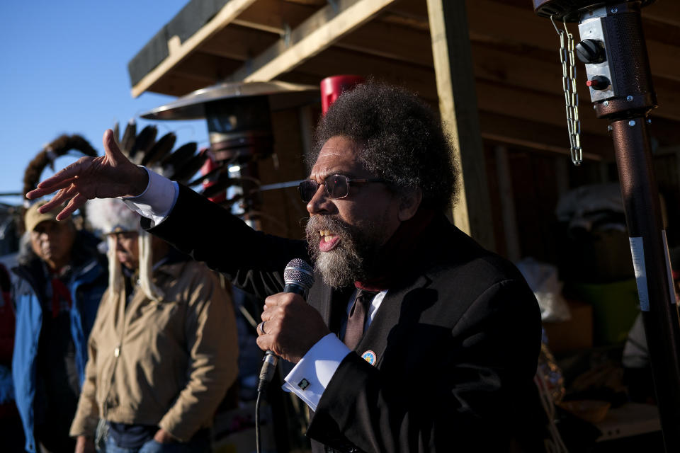 Cornel West speaks during a multi-faith congregation at the Oceti Sakowin campground.