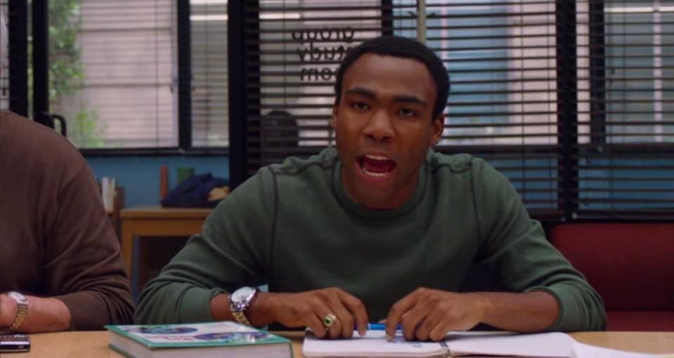 Troy yelling in the study room in "Community"