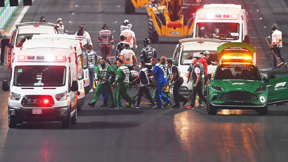 Theo Pourchaire and Enzo Fittipaldi, pictured here being airlifted to hospital after the crash in F2.