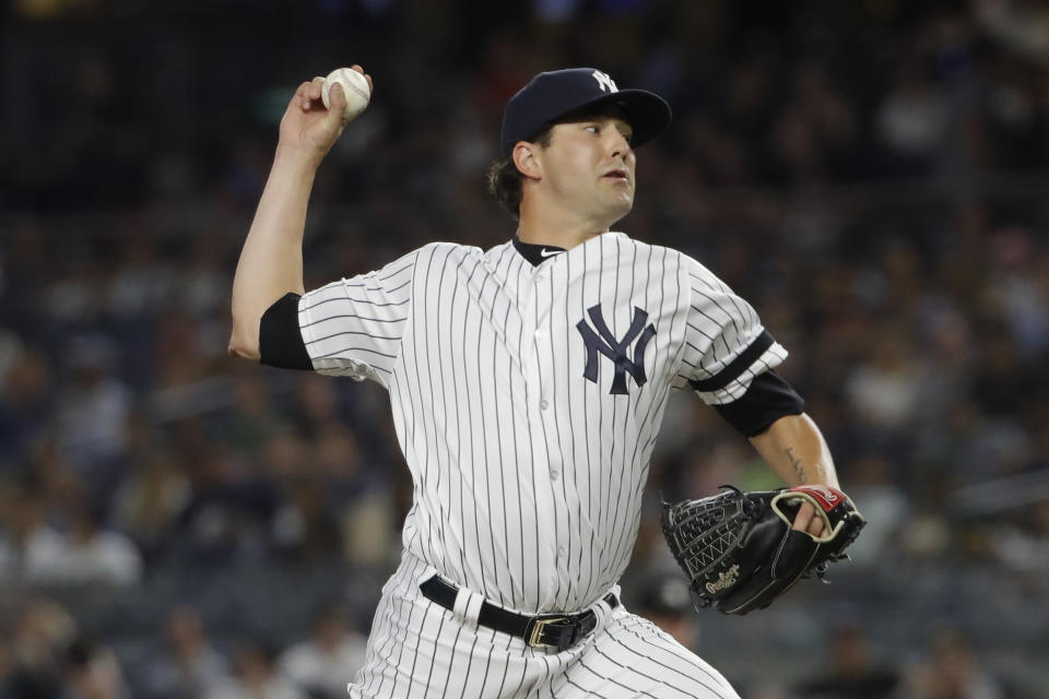 New York Yankees' Brady Lail delivers a pitch during the sixth inning of the second game of a baseball doubleheader against the Baltimore Orioles, Monday, Aug. 12, 2019, in New York. (AP Photo/Frank Franklin II)