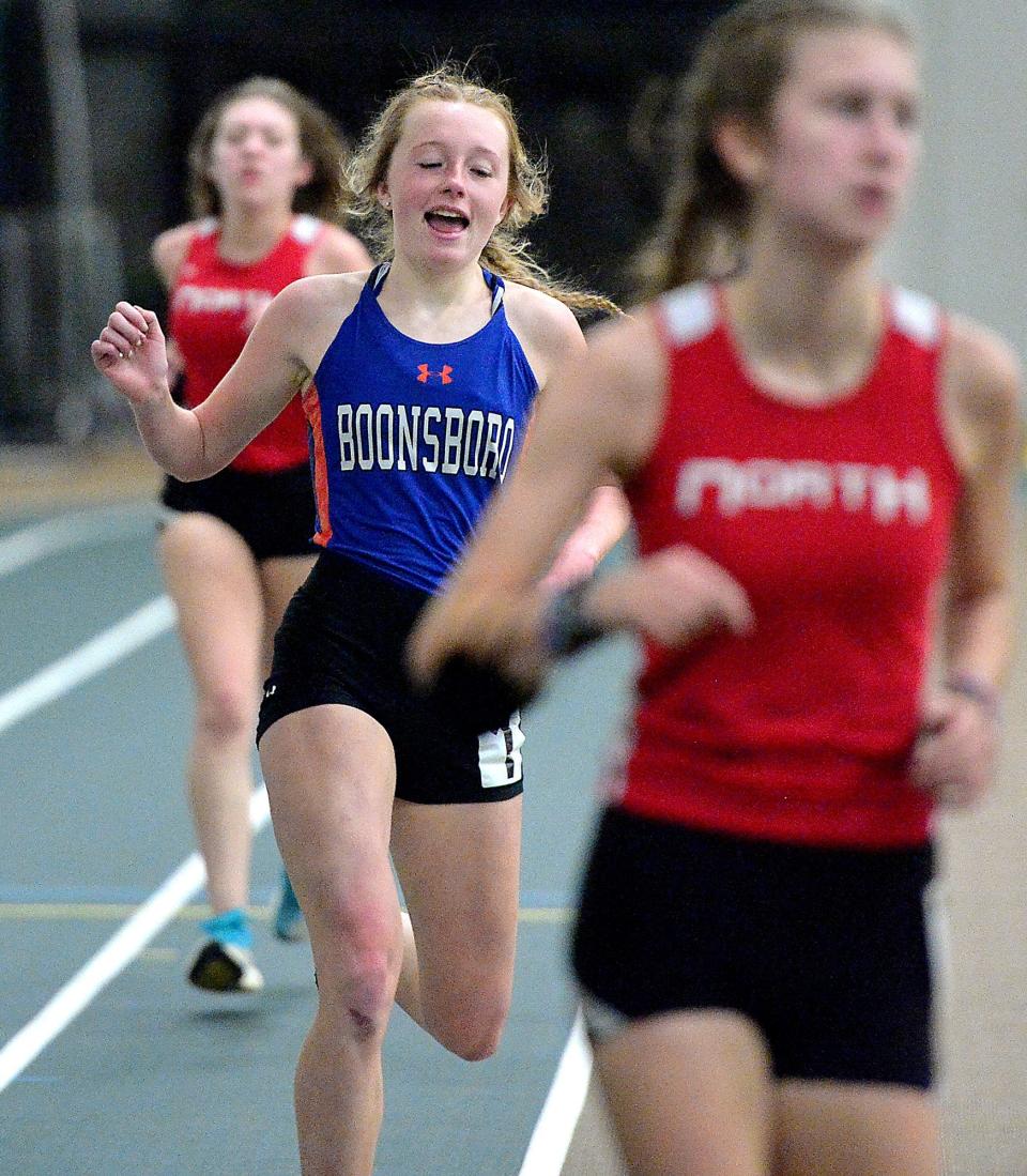 Boonsboro's Caroline Matthews wins the girls 3,200 during the Washington County Indoor Track and Field Championships on Friday at Hagerstown Community College.