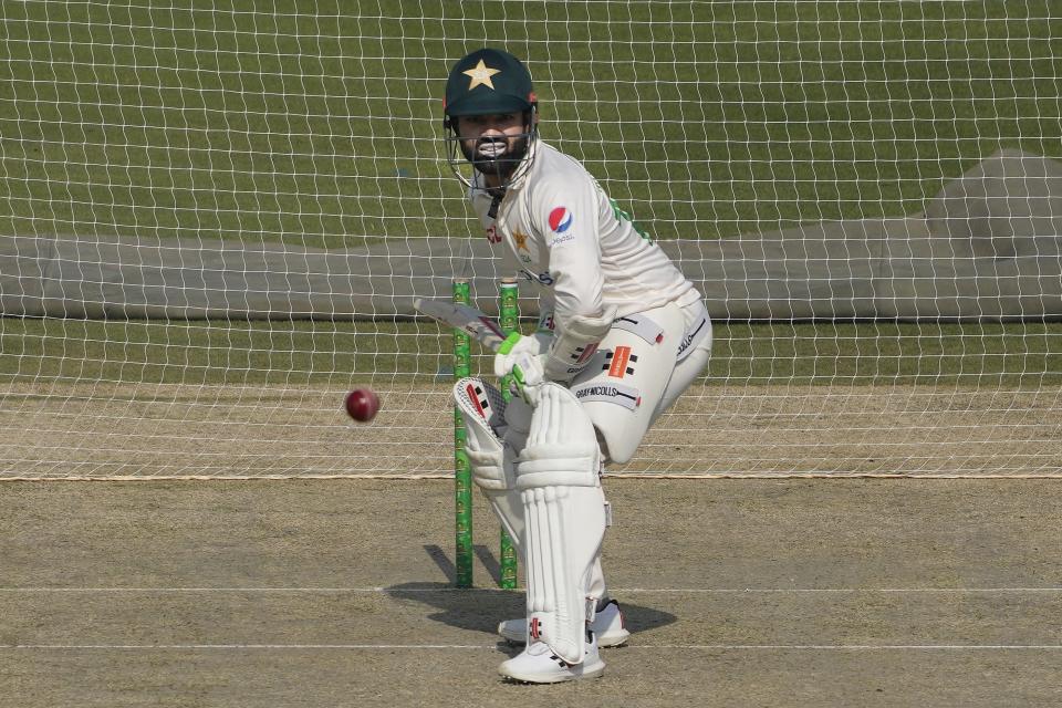 Pakistan's Muhammad Rizwan attends a training session, in Karachi, Pakistan, Friday, Dec. 16, 2022. (AP Photo/Fareed Khan)