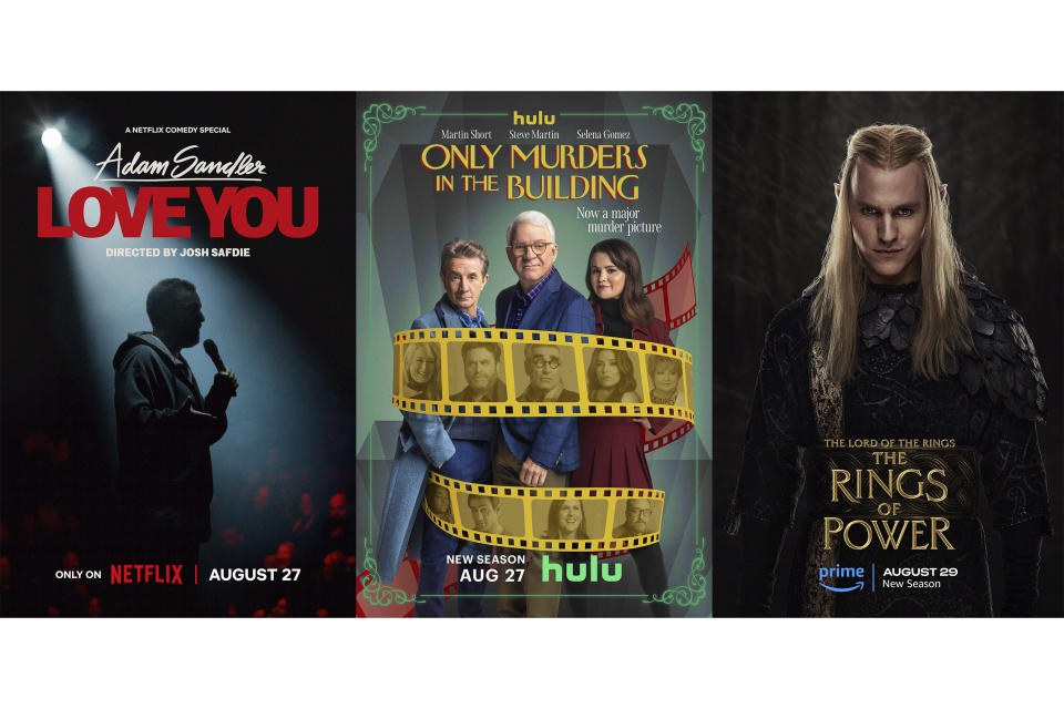 This combination of images shows promotional art for Adam Sandler's comedy special "Adam Sandler: Love You," left, the latest season of "Only Murders in the Building," center, and season two of "The Lord of the Rings: The Rings of Power." (Netflix/Hulu/Amazon Prime via AP)