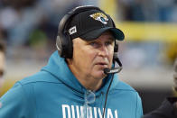 FILE - Jacksonville Jaguars head coach Doug Marrone watches his team against the Los Angeles Chargers during the first half of an NFL football game, Sunday, Dec. 8, 2019, in Jacksonville, Fla. The heat is on — and the games haven't even kicked off yet. That's life in the NFL for some coaches who enter the regular season knowing they need to guide their squads through what will be a most unusual regular season and at least keep them in playoff contention into December.(AP Photo/Stephen B. Morton, File)