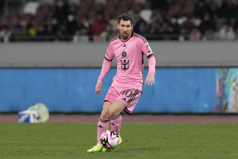 Inter Miami's Lionel Messi controls the ball during the friendly soccer match between Vissel Kobe and Inter Miami CF at the National Stadium, Wednesday, Feb. 7, 2024, in Tokyo, Japan. (AP Photo/Eugene Hoshiko)