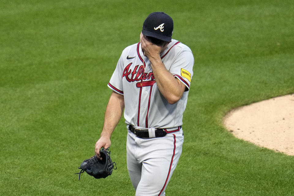 Atlanta Braves starting pitcher Spencer Strider walks off the mound after being pulled during the third inning of a baseball game against the Pittsburgh Pirates in Pittsburgh, Monday, Aug. 7, 2023. (AP Photo/Gene J. Puskar)