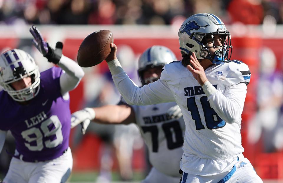 Stansbury and Lehi play in a 5A state semifinal football game at Rice-Eccles Stadium at the University of Utah in Salt Lake City on Friday, Nov. 11, 2022. In the wake of a very successful 2022 season in the 5A ranks, the Stallions gallop into the 2023 season as a 4A squad. | Scott G Winterton, Deseret News