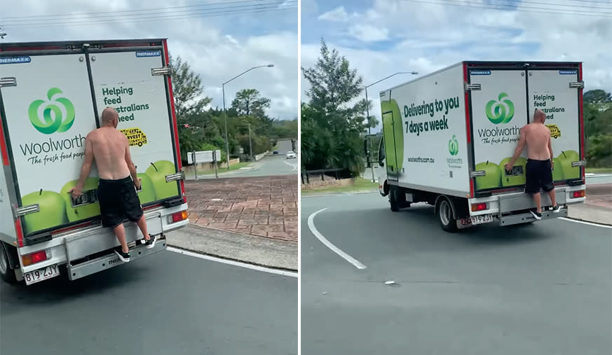 Screenshots of a video of a man holding onto the back of a Woolworths delivery truck.