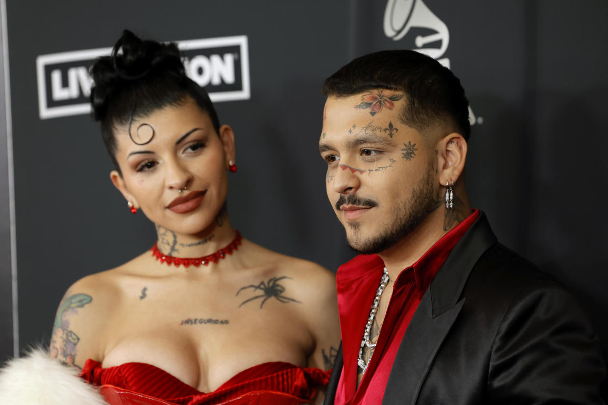 LAS VEGAS, NEVADA - NOVEMBER 16: (L-R) Cazzu and Christian Nodal attend The Latin Recording Academy's 2022 Person of the Year Gala Honoring Marco Antonio Solis at Michelob ULTRA Arena on November 16, 2022 in Las Vegas, Nevada. (Photo by Frazer Harrison/Getty Images)