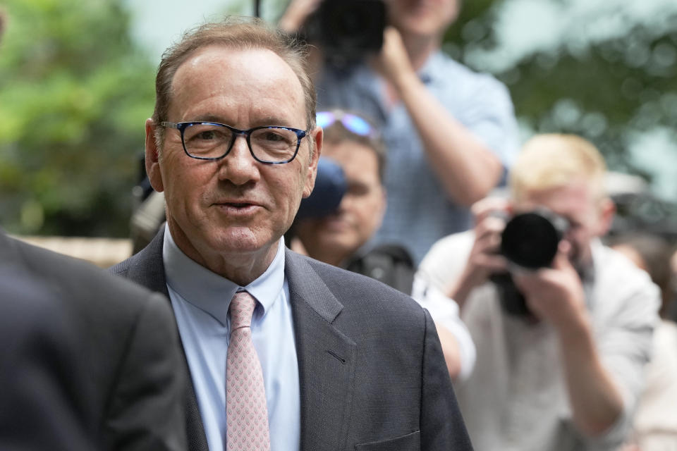 Actor Kevin Spacey leaves Southwark Crown Court in London, Wednesday, June 28, 2023. Spacey is going on trial on charges he sexually assaulted four men as long as two decades ago. The double-Oscar winner faces a dozen charges as his trial begins Wednesday at Southwark Crown Court. Spacey pleads not guilty to all charges .(AP Photo/Frank Augstein)