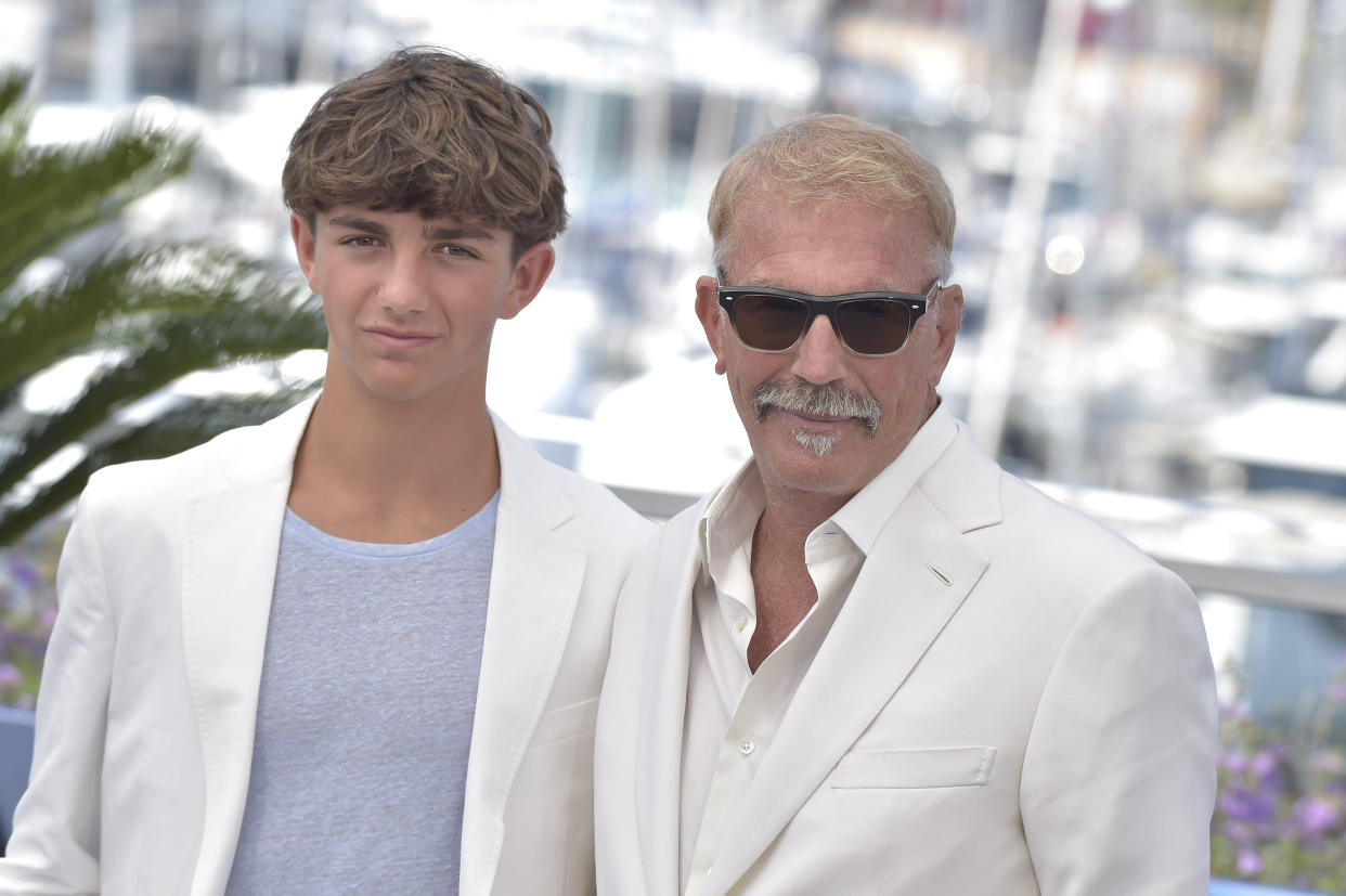 American actor, director, film producer and musician Kevin Costner and his son Hayes Costner at Cannes Film Festival 2024. Horizon: An American Saga Photocall. Cannes (France), May 19th, 2024 (Photo by Rocco Spaziani/Archivio Spaziani/Mondadori Portfolio via Getty Images)