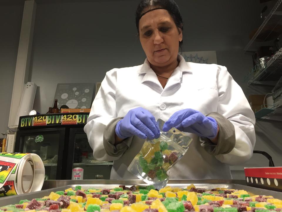 Meredith Mann, CEO of  the cannabis-products company Magic Mann, packages CBD gummies in South Burlington on March 9, 2020.