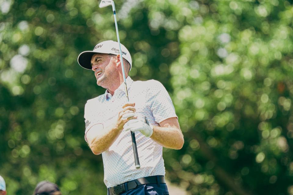 Pro golfer Keegan Bradley hits a shot before the start of the FedEx St. Jude Championship on Tuesday, August 13, 2024 at TPC Southwind in Memphis, Tenn.