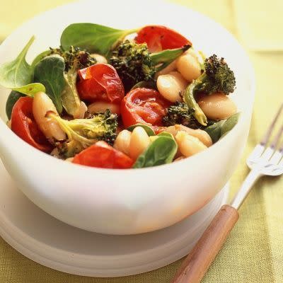 4) White Bean Salad with Spicy Roasted Tomatoes and Broccoli