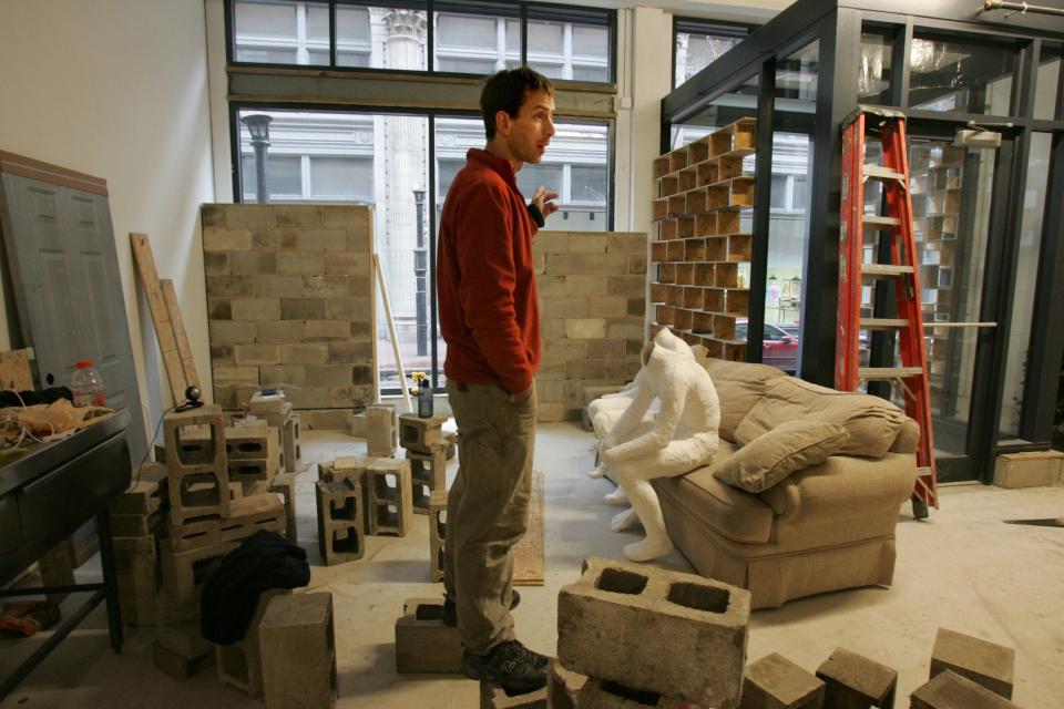 Michael Townsend re-creates his secret Providence Place mall apartment inside an art gallery near Providence City Hall in December 2007, three months after mall security discovered the apartment and had him arrested for trespassing.