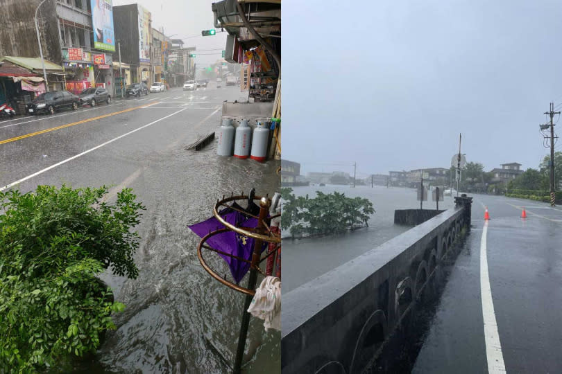 宜蘭廣興路淹水（左）、冬山鄉也出現淹水情況（右）。（圖／翻攝自「宜蘭知識+」）