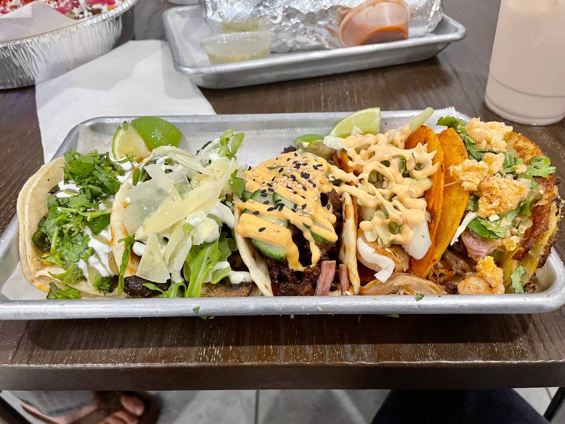 A lineup of West Coast Taco Bar’s tacos.