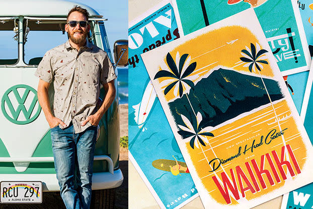 Graphic artist Nick Kuchar and his dog Lucy; Kuchar's vintage-inspired prints