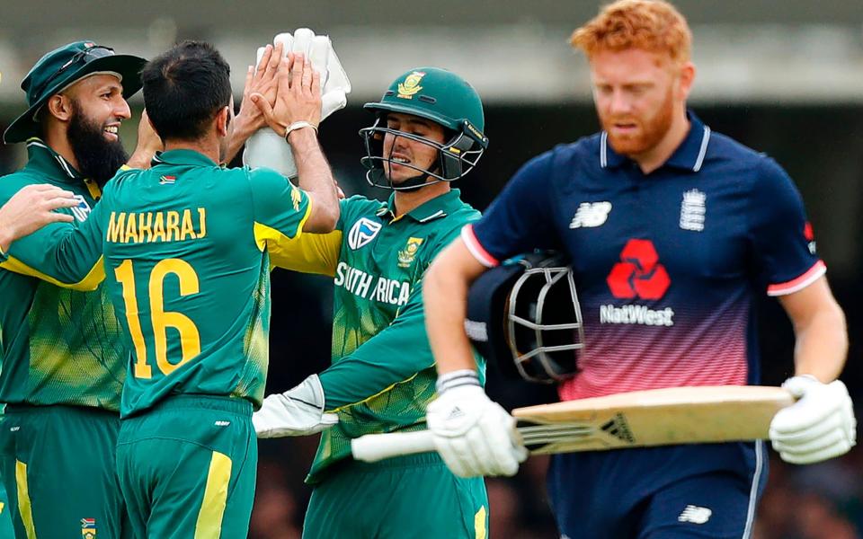 Lone hand: Jonny Bairstow's 51 added a fig-leaf of respectability after England slumped to 20/6 in five overs - AFP