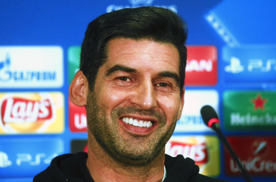 Shakthtar manager Paulo Fonseca was true to his word and dressed as Zorro in the post-match media conference. (AP)