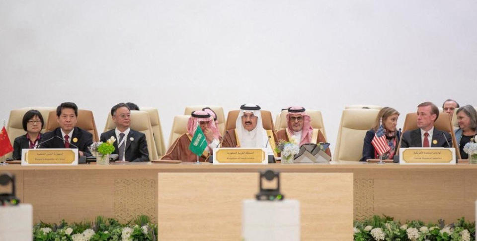 The Chinese, Saudi and U.S. delegations at a National Security advisors' meeting in Jeddah, Saudi Arabia, on Aug. 6, 2023. (Saudi Press Agency via AFP - Getty Images)