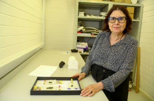 Francoise Berard, Director of the Library at the Institute de France, shows a box containing fragments of fragile Herculaneum scrolls dating back some 2,000 years