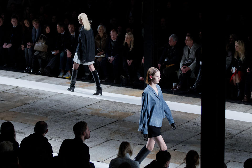 A model walks the runway at the Fall 2013 Theyskens’ Theory Runway Show, on monday, February 11, 2013 in New York. (Photo by Dario Cantatore/Invision/AP)