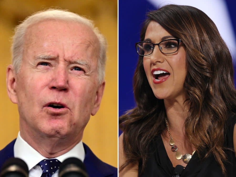 <p>Lauren Bobert is upset at Biden hosting Floyd’s family at the White house</p> (AFP via Getty Images and Getty Images)