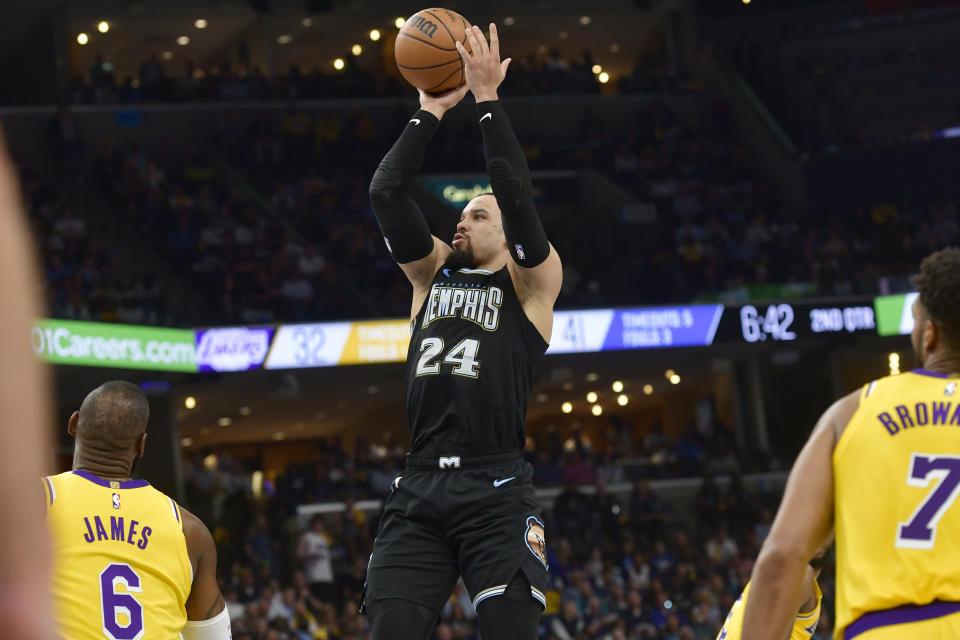 Memphis Grizzlies forward Dillon Brooks (24) shoots against the Los Angeles Lakers during the first half of Game 2 of a first-round NBA basketball playoff series Wednesday, April 19, 2023, in Memphis, Tenn. (AP Photo/Brandon Dill)