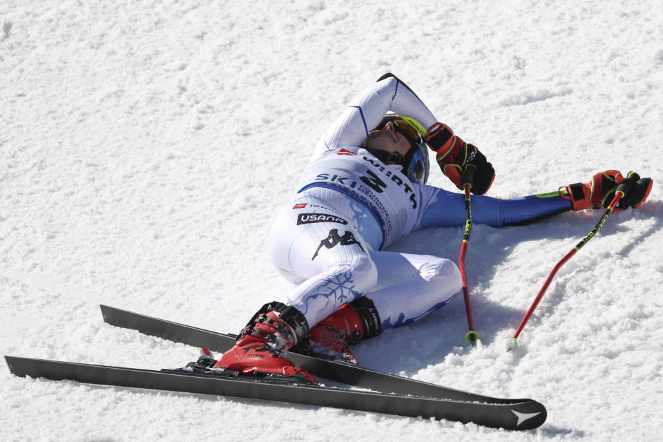 United States' Mikaela Shiffrin celebrates taking gold in an alpine ski World Championships giant slalom, in Meribel, France, Thursday, Feb. 16, 2023. (AP Photo/Gabriele Facciotti)