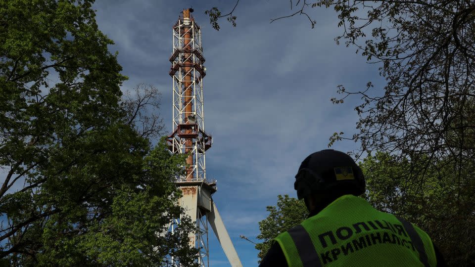 The television tower in Kharkiv, Ukraine, after its top crashed to the ground following a Russian missile strike on April 22, 2024. - Sofiia Gatilova/Reuters