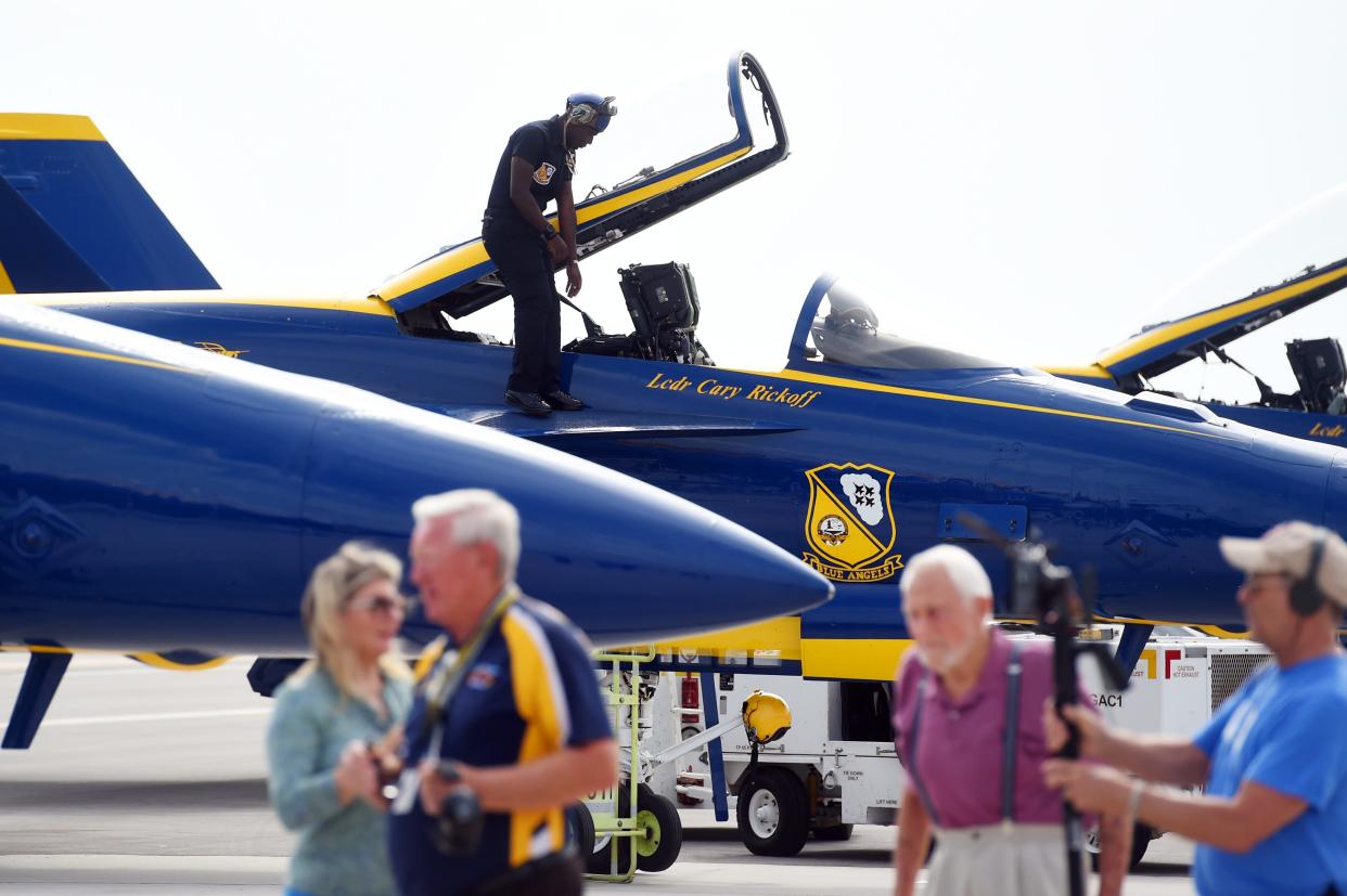 The U.S. Navy Blue Angels arrive in Vero Beach on Thursday, April 28, 2022, ahead of the Vero Beach Air Show at the Vero Beach Regional Airport. Performers in the show include the F-16 Viper Demo Team, the Aeroshell Aerobatic Team and the U.S. Army Special Operations Command Parachute Demonstration Team, the Black Daggers. The show begins Friday, April 29 and runs through Sunday, May 1.