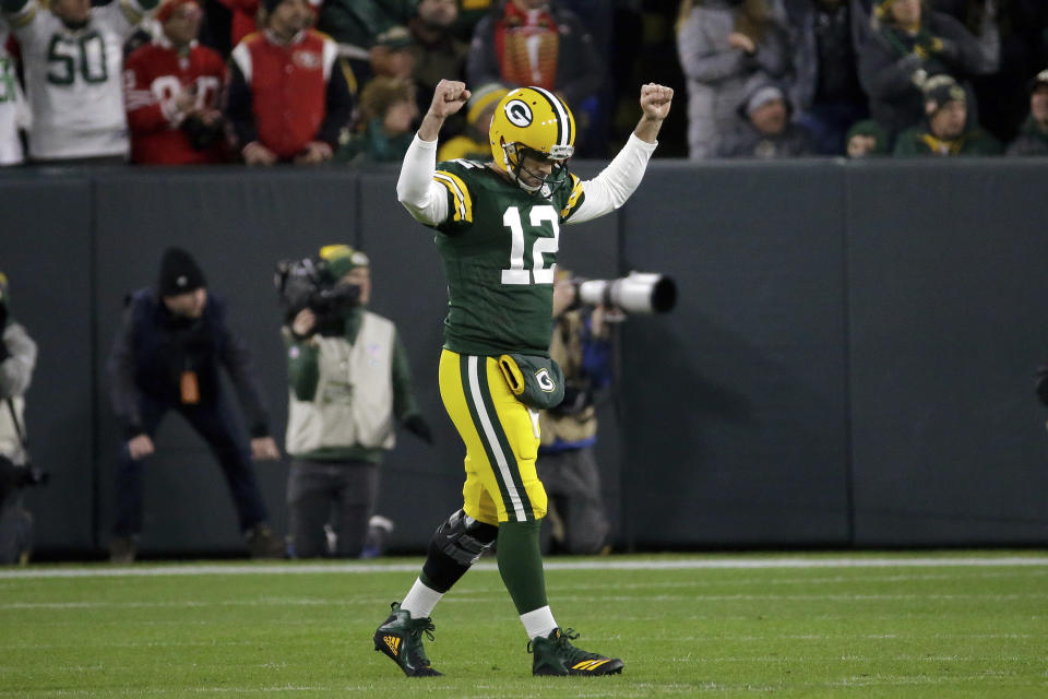 Green Bay Packers quarterback Aaron Rodgers (12) led a dramatic last-second win over the 49ers. (AP)