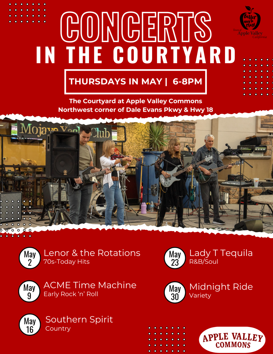 The music lineup for Concerts in the Courtyard, May 2024