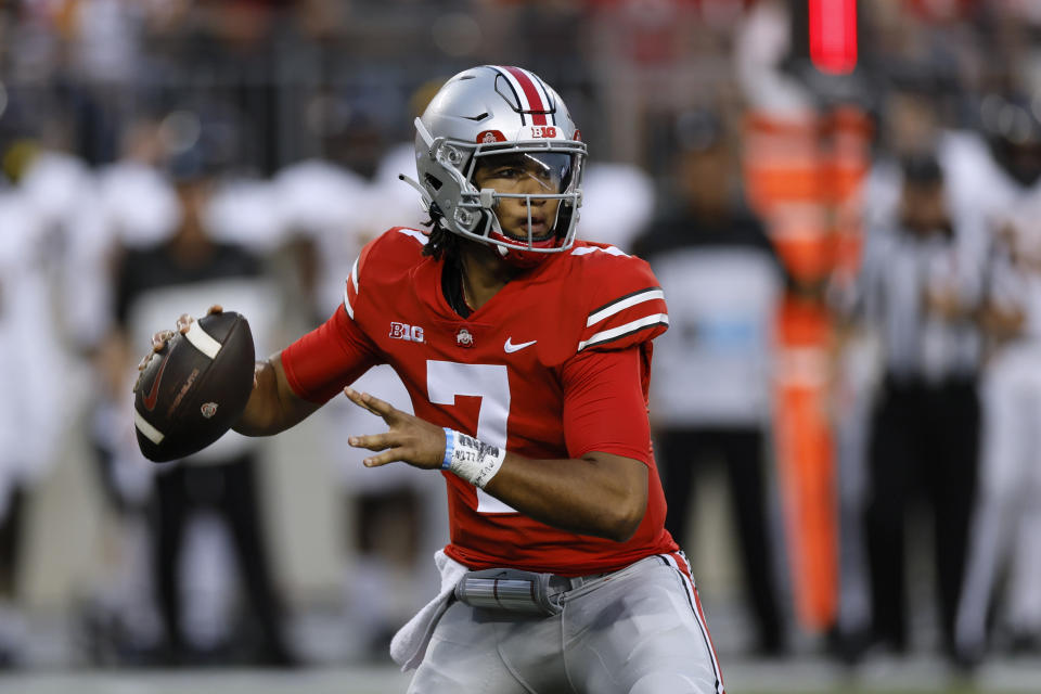 Ohio State quarterback C.J. Stroud drops back to pass against Toledo during the first half of an NCAA college football game Saturday, Sept. 17, 2022, in Columbus, Ohio. (AP Photo/Jay LaPrete)