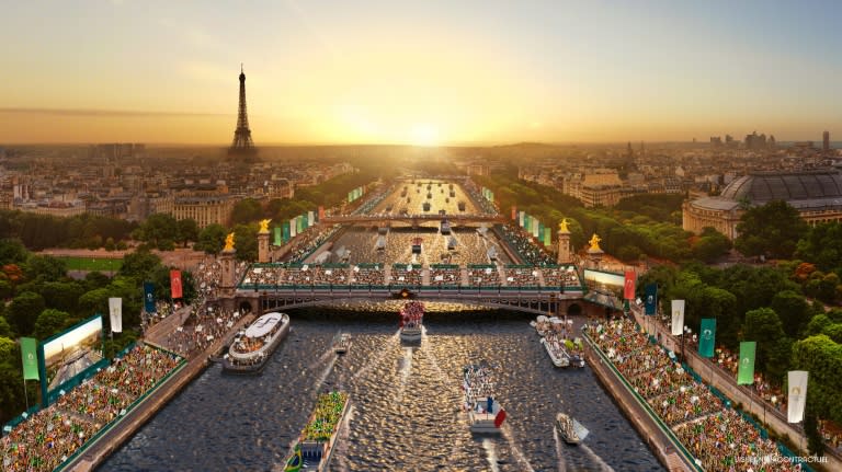 A computer-generated image of the opening ceremony of the 2024 Paris Olympics on the river Seine (Florian Hulleu)