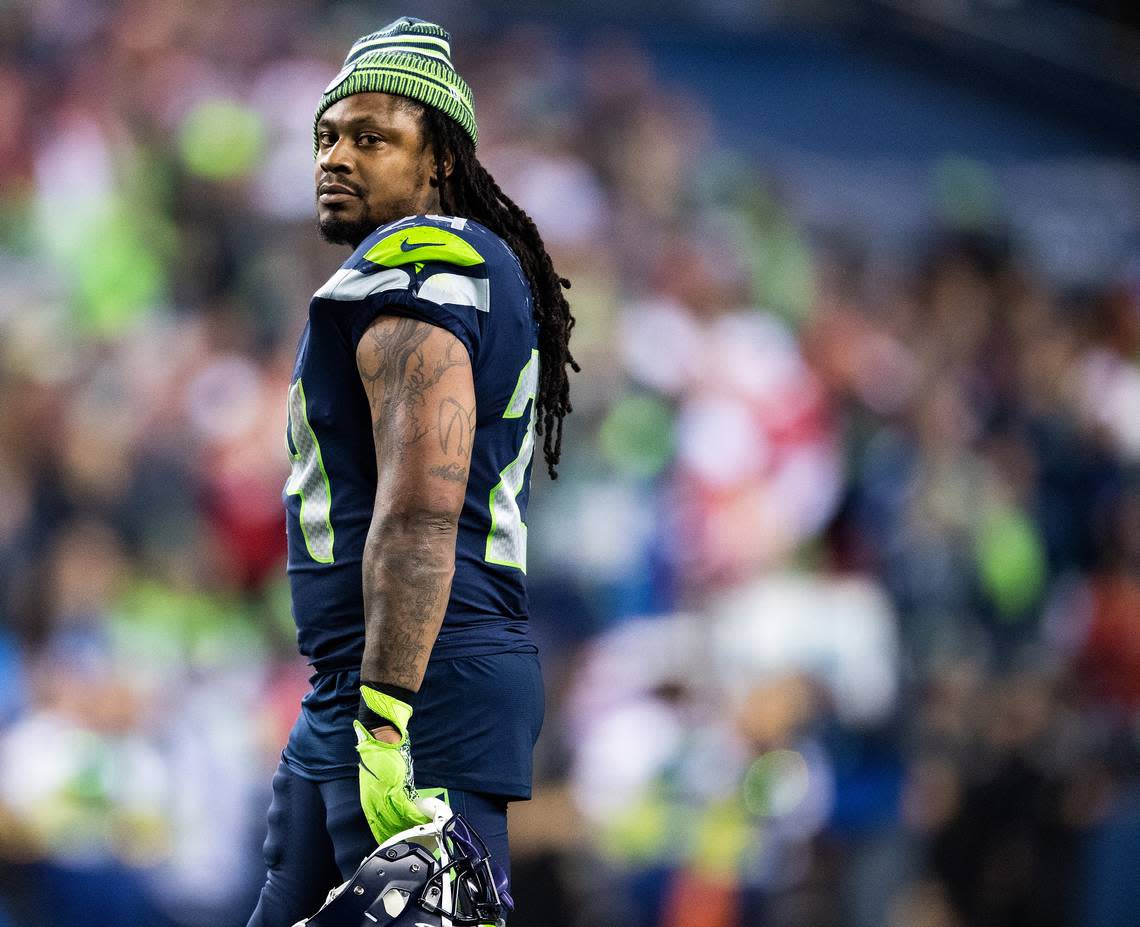 Seattle Seahawks running back Marshawn Lynch (24) walks back to the sideline during the fourth quarter. The Seattle Seahawks played the San Francisco 49ers in a NFL football game at CenturyLink Field in Seattle, Wash., on Sunday, Dec. 29, 2019.