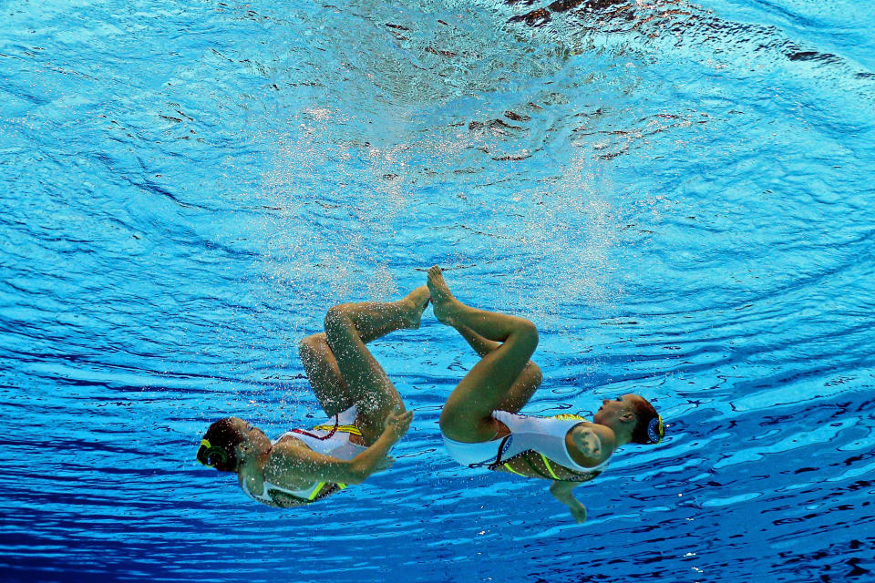 Mary Killman and Mariya Koroleva of the United States compete in the Women's Duets Synchronised Swimming Free Routine Preliminary on Day 10 of the London 2012 Olympic Games at the Aquatics Centre on August 6, 2012 in London, England. (Photo by Clive Rose/Getty Images)