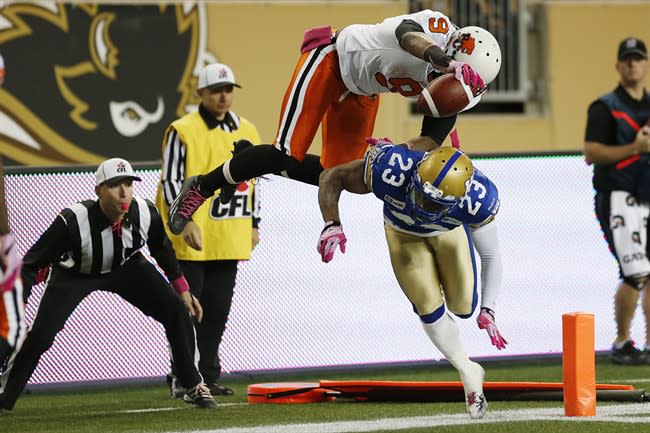 Ernest Jackson and the B.C. Lions lept into the postseason against Winnipeg this week, but what seed will they wind up in? (John Woods/The Canadian Press.)
