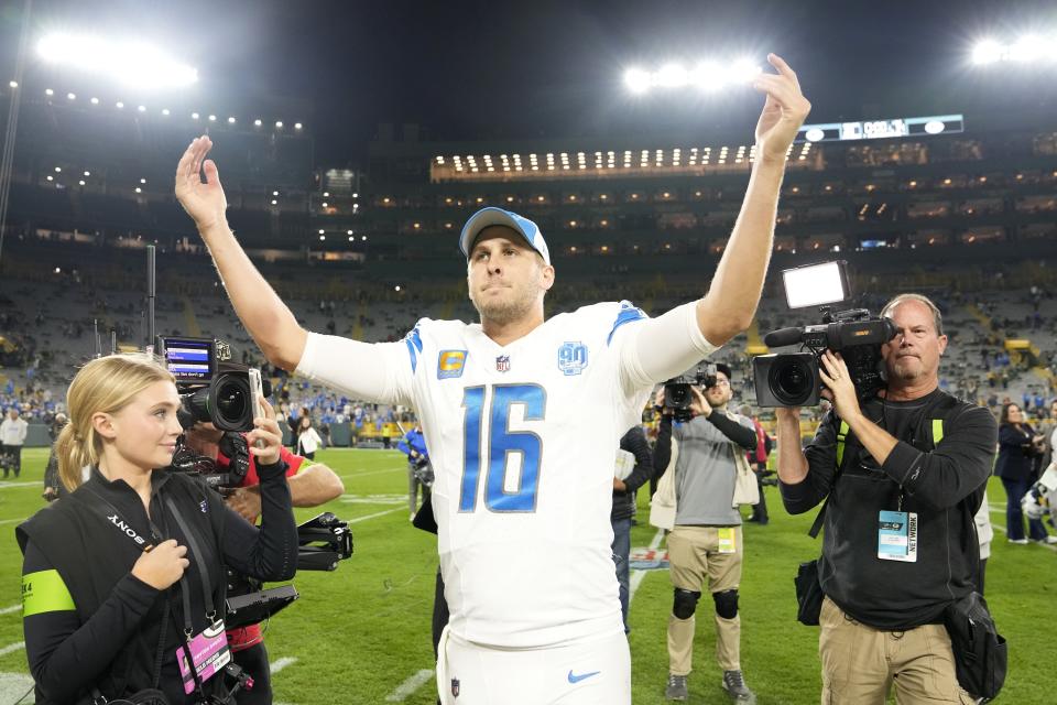 Lions quarterback Jared Goff celebrates after the 34-20 win on Thursday, Sept. 28, 2023, in Green Bay, Wisconsin.