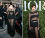 <p>Bella Hadid ist in dieser Galerie nicht nur einmal vertreten, denn das Model liebt transparente Outfits. Ihr jüngster Look: Ein bodenlanges und gepunktetes schwarzes Abendkleid. Darin nahm Hadid an der Eröffnung der Chistian Dior Austellung in Paris teil und zog alle Blicke auf sich.<br>Das Kleid zeigte Bella Hadids endlose Beine und ließ auch Blicke auf ihre Christian Dior-Unterwäsche zu. Ihre Haare hatte sie elegant hochgesteckt und komplettierte ihren Look mit farblich passenden High Heels und einer edlen Clutch. (Photos: Getty) </p>