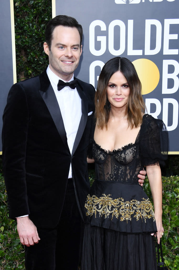 Bill at the Golden Globes in a tuxe with his arm around Rachel, who's in a lacy, tiered dress