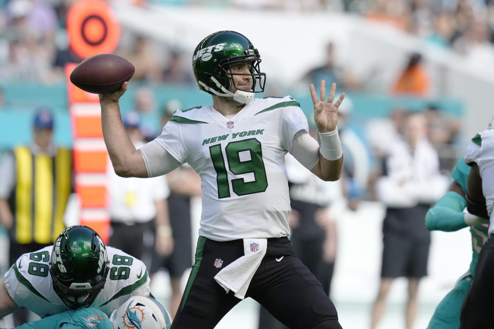 New York Jets quarterback Joe Flacco (19) aims a pass during the first half of an NFL football game against the Miami Dolphins, Sunday, Jan. 8, 2023, in Miami Gardens, Fla. (AP Photo/Rebecca Blackwell)
