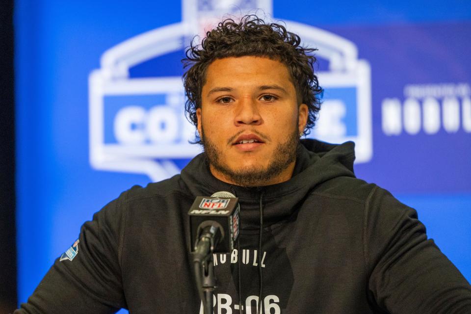 Michigan running back Blake Corum talks to the media during the 2024 NFL combine on Friday, March 1, 2024, in Indianapolis.