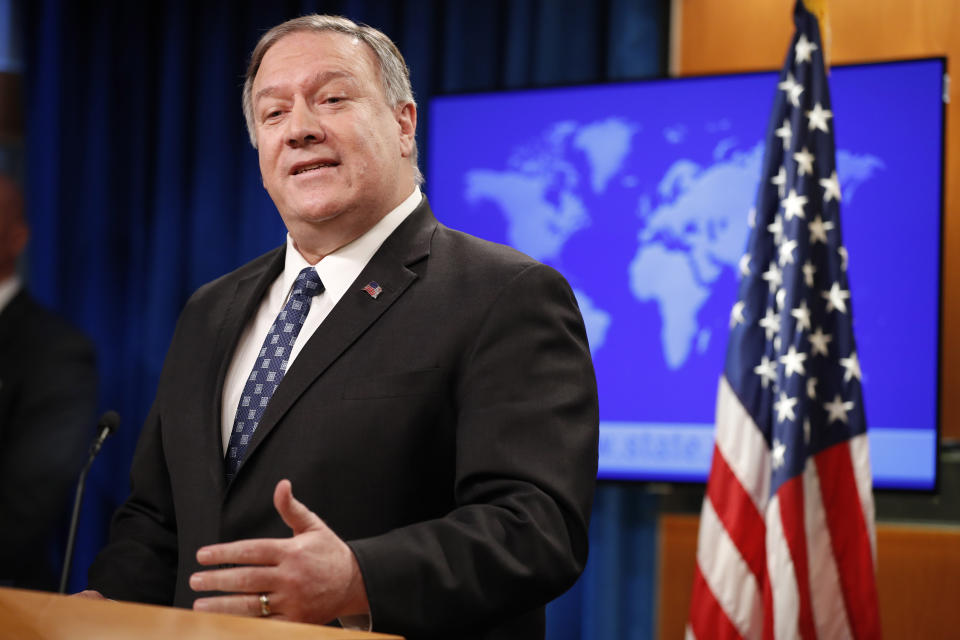 Secretary of State Mike Pompeo speaks about Iran, Tuesday Jan. 7, 2020, at the State Department in Washington. (AP Photo/Jacquelyn Martin)