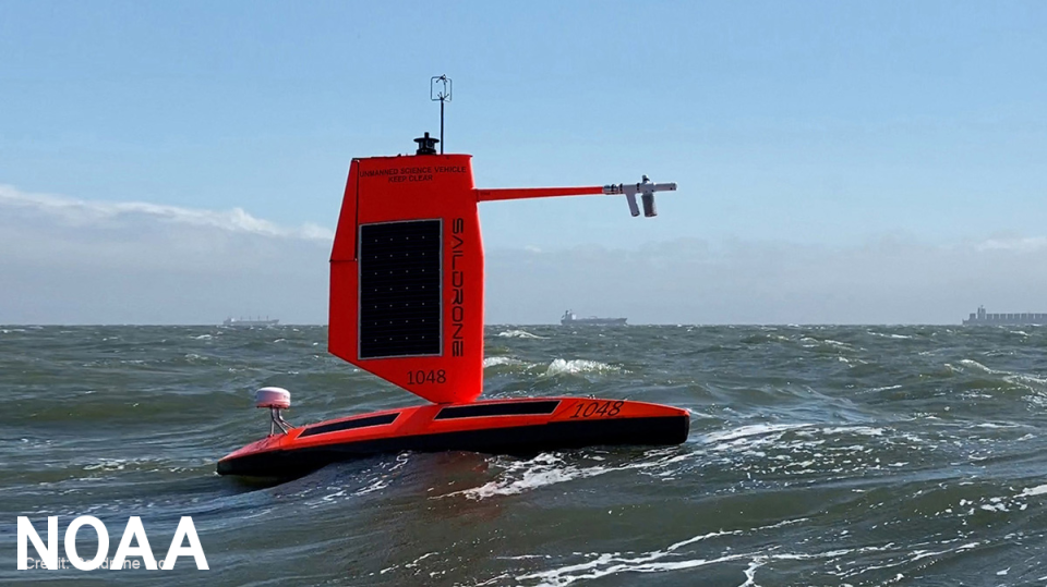 A saildrone on a calm day. NOAA and Saildrone Inc. are piloting five specially designed saildrones in the Atlantic Ocean to gather data around the clock to help understand the physical processes of hurricanes.