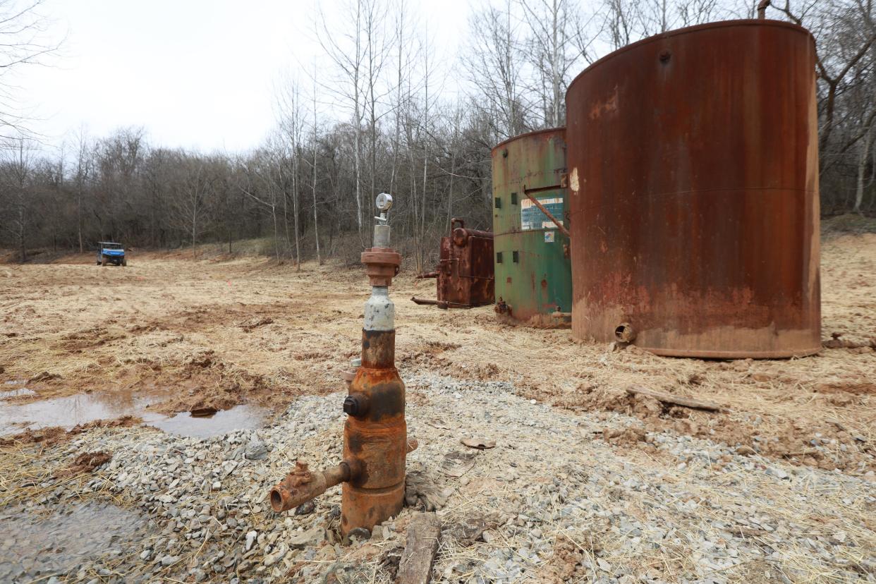 In January 2021, fracking waste spewed out of this old oil well in Noble County, causing a spill that killed fish three miles away. Records show the company responsible for the spill could not afford to plug the well, so ODNR had to pay a contractor to stop the leak. The company has hundreds of other wells, none of which are producing.