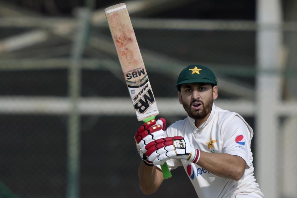Pakistan's Agha Salman bats during the second day of first test cricket match between Pakistan and New Zealand, in Karachi, Pakistan, Tuesday, Dec. 27, 2022. (AP Photo/Fareed Khan)