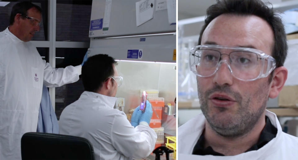 Right, Dr Julio Aguado wears safety glasses over his reading glasses while wearing a white lab coat. Left, he sits on a chair holding apparatus while his research colleague stands over him.  